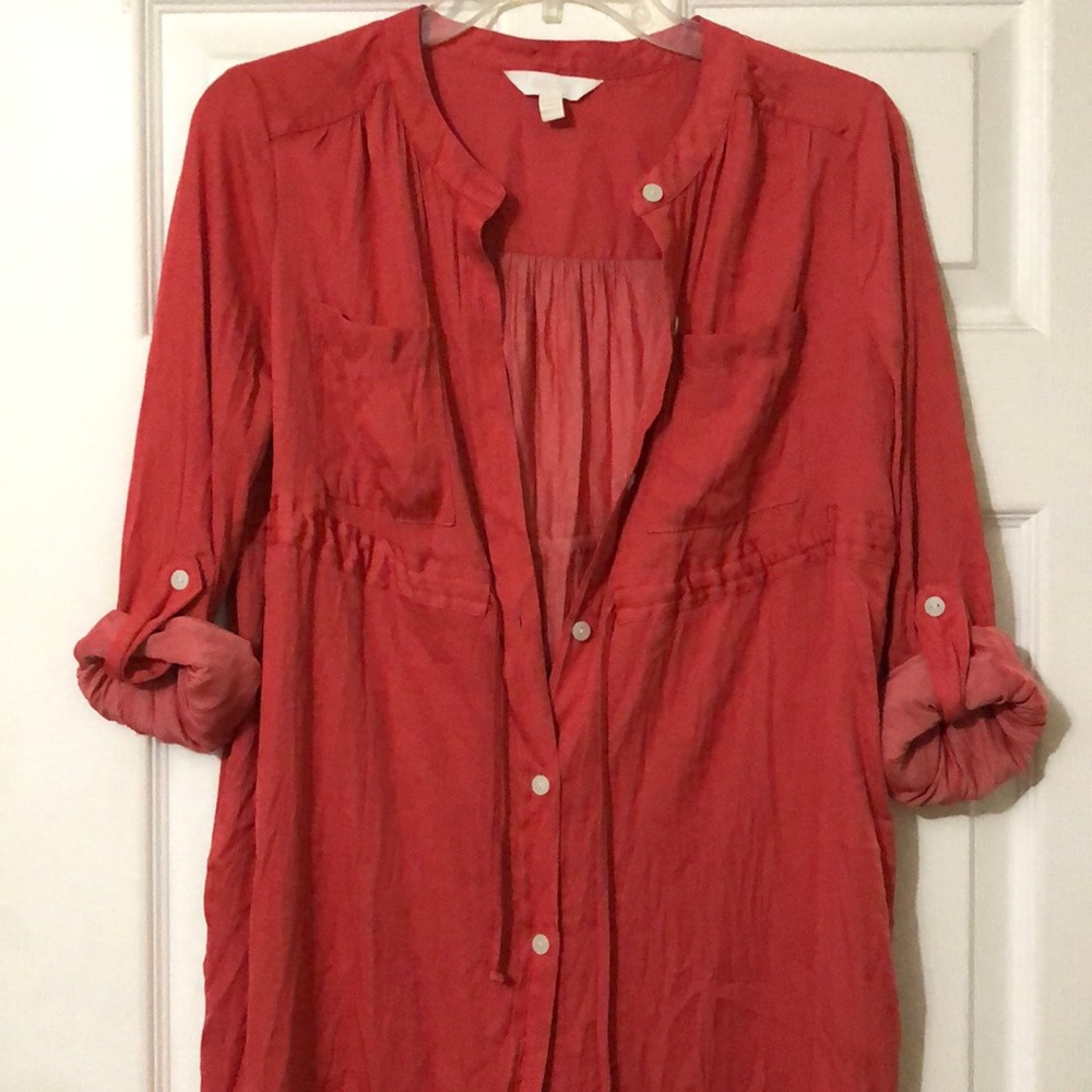 Silky button down cuff, 3/4 sleeve maternity dress Coral color